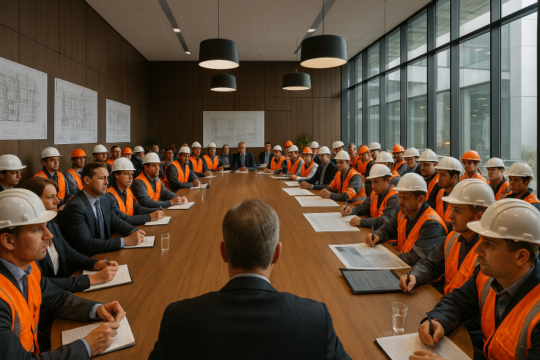 Group of employees and Landa Remote's manager during safety meeting