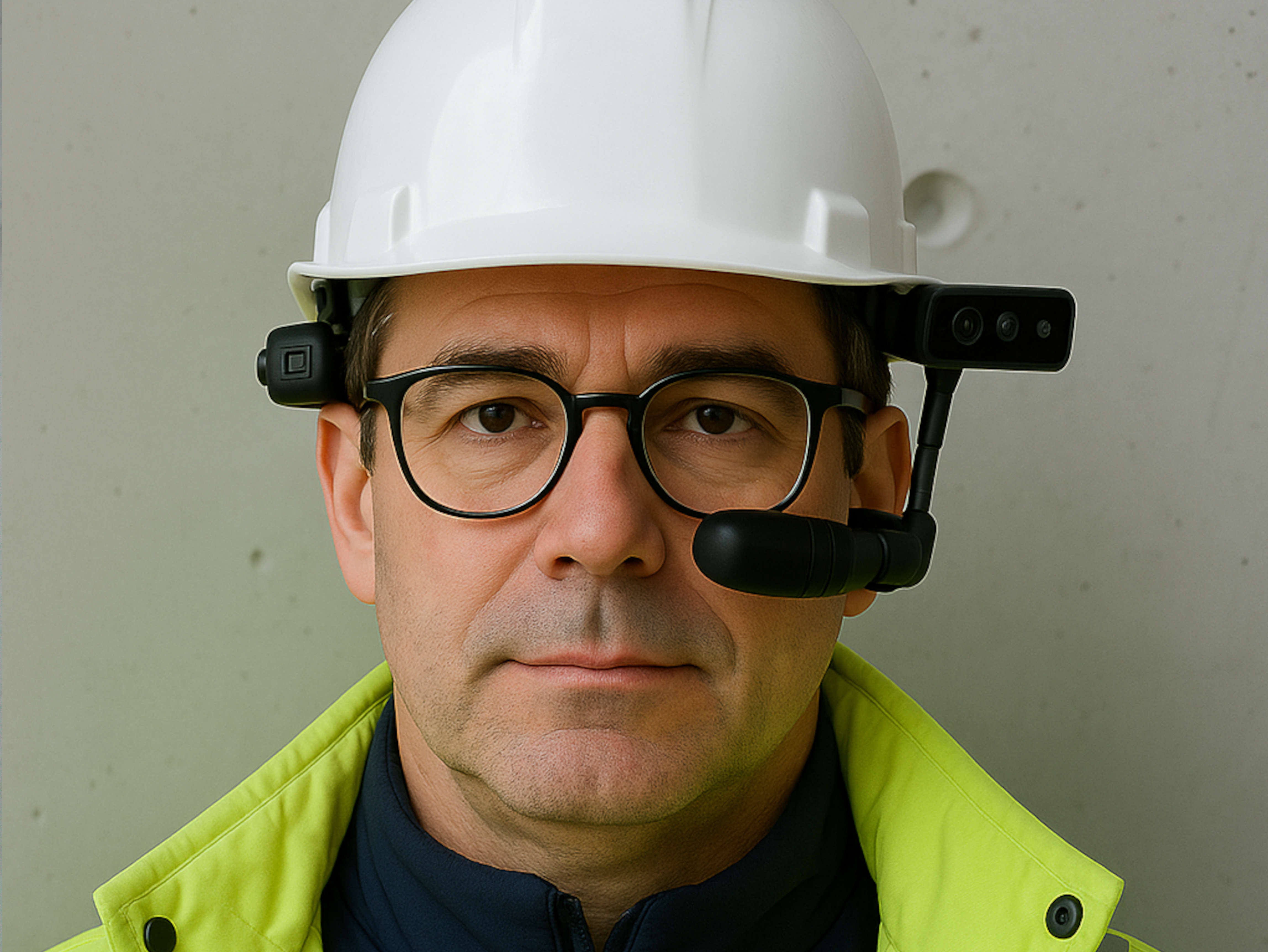 Field engineer with AR headset and helmet during contact with remote expert